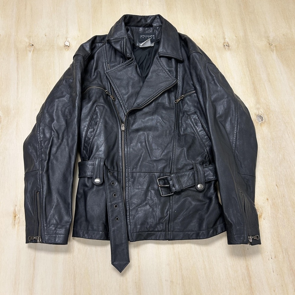 Vintage Boutique Europa Jacket Womens 4 Black Leather Moto Biker Belted Full Zip